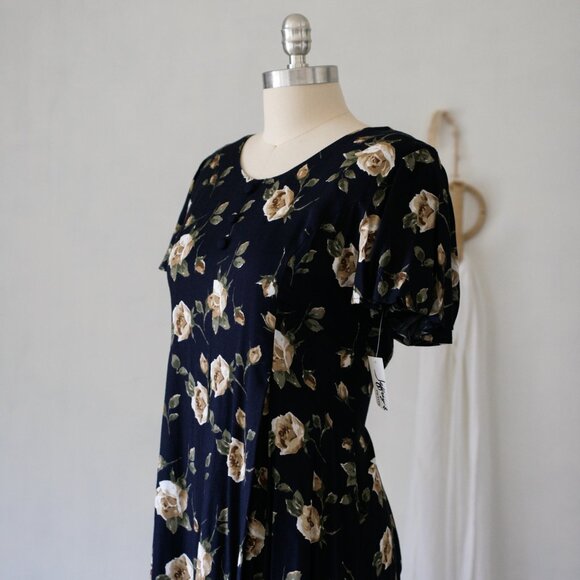 NWT 80's 90's Navy Blue Dead Stock Long Midi Dress/Flutter Sleeves - Picture 4 of 10